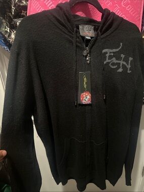 Ed Hardy Black Zip-Up Hoodie Sweater with Subtle Script Logo